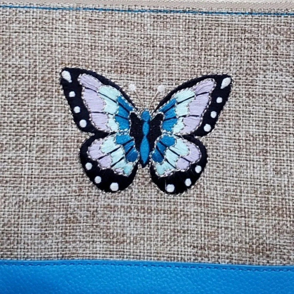 Talbots Blue Leather Trim Jute Butterfly Embroidered Wristlet Clutch Bag